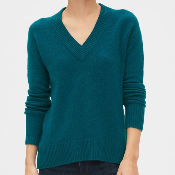 Gap Bouclé Wool Alpaca blend V-Neck Sweater Teal Blue Large - Picture 4 of 11